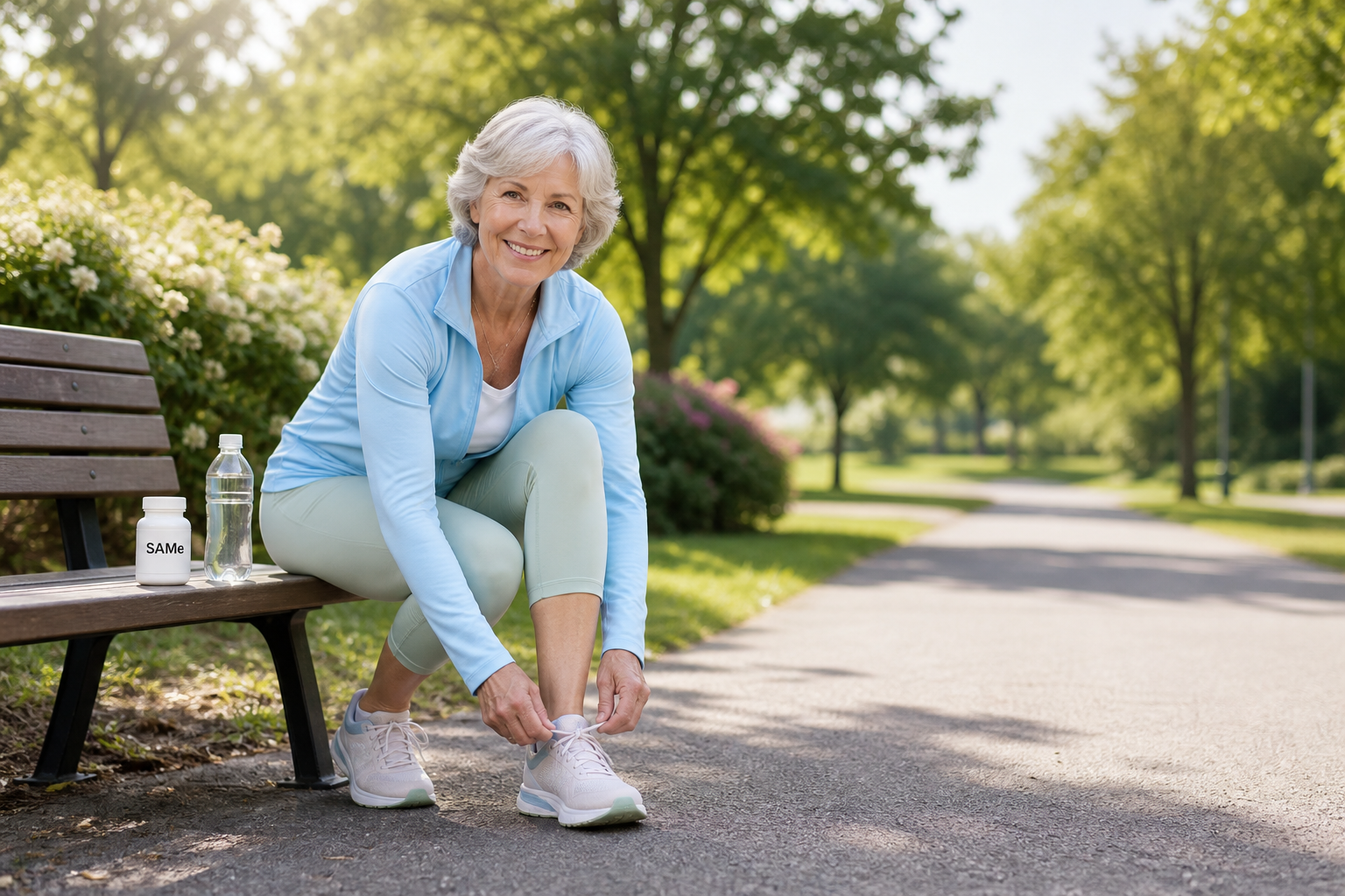 Active older woman tying sneakers, SAMe supplement on bench