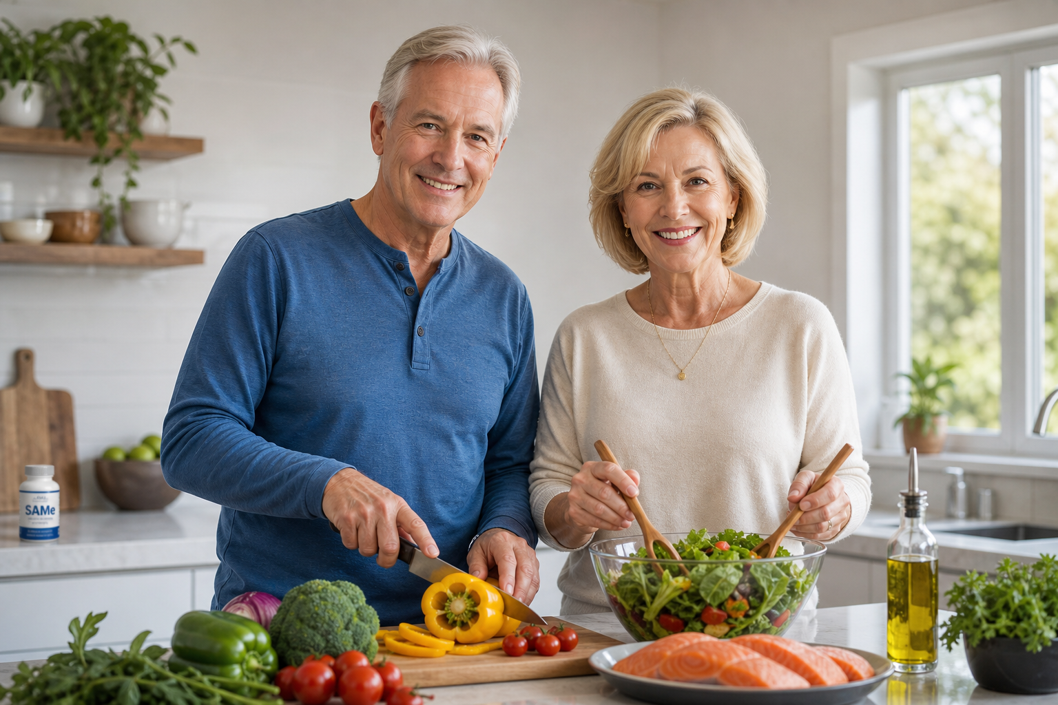 Older couple preparing healthy meal, SAMe supplement in kitchen background