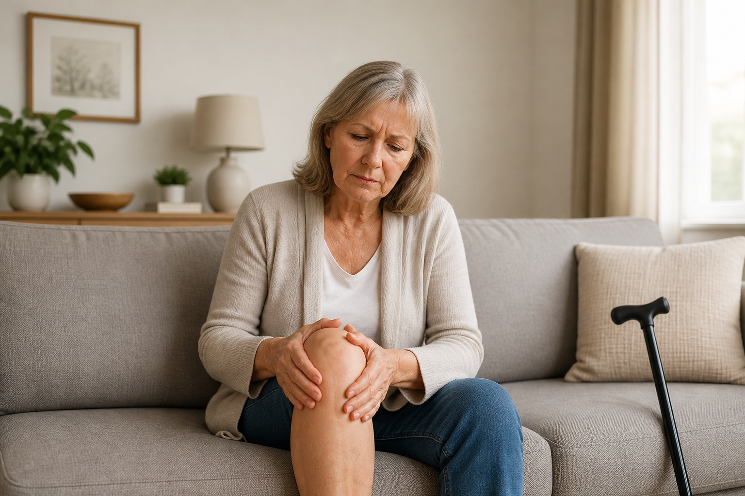 Older woman sitting on sofa massaging sore knee, cane resting beside her