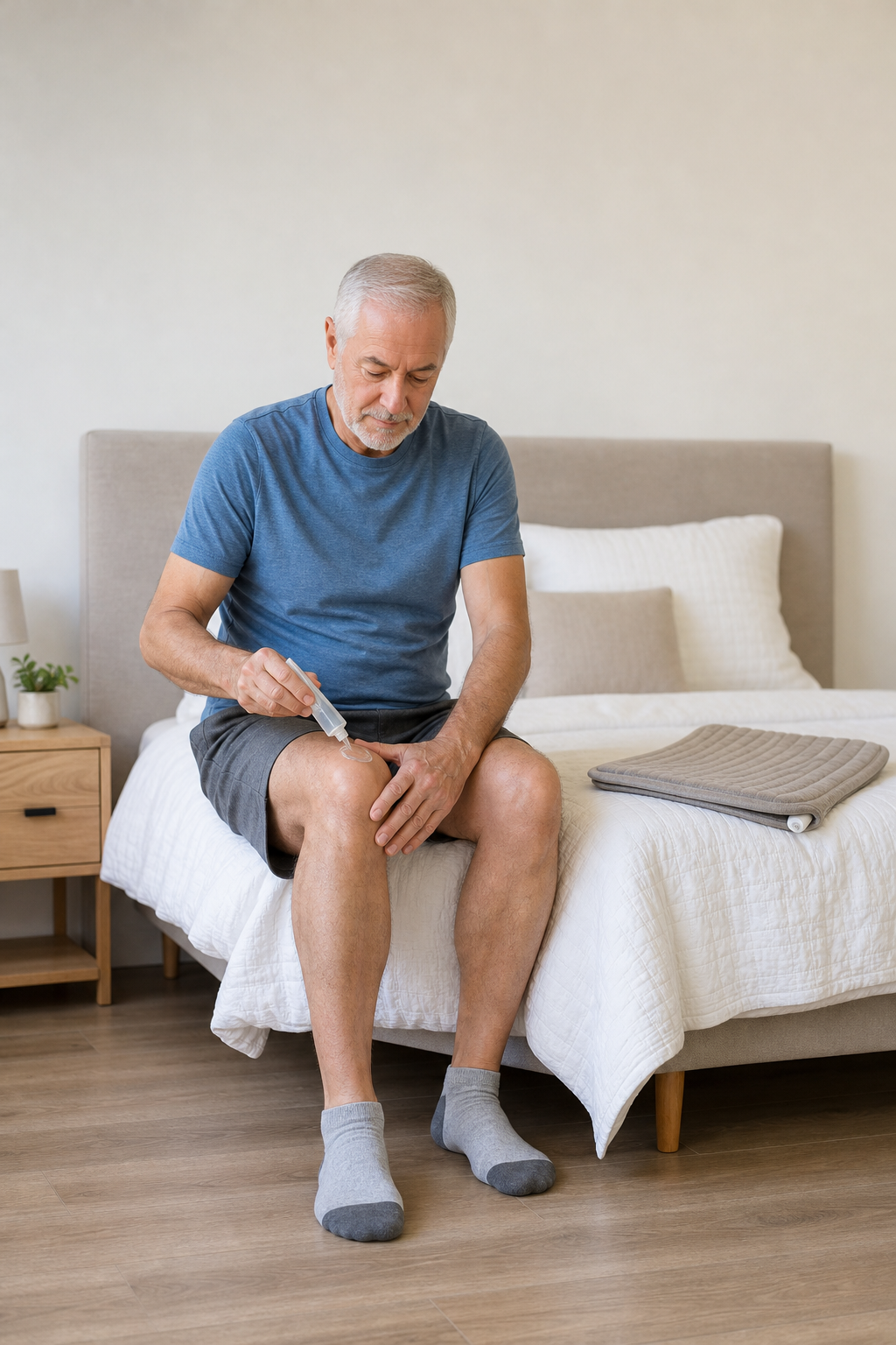 Older man applying arthritis pain gel to swollen knee with heating pad on bed