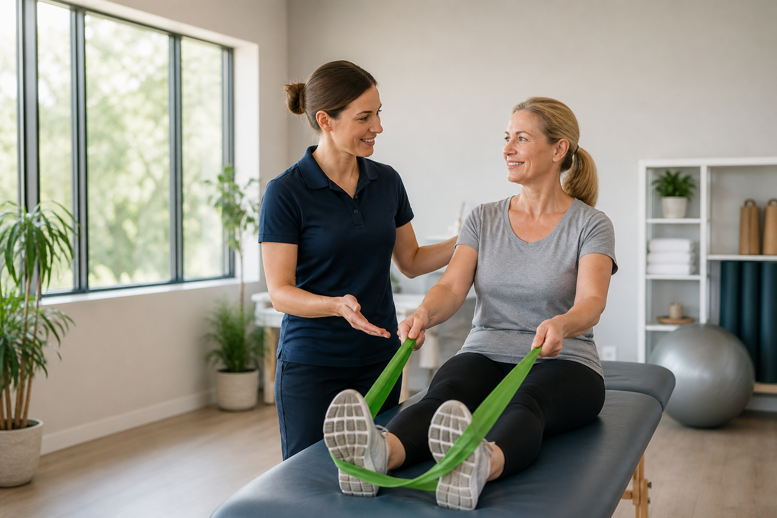 Physical therapist showing middle-aged woman a knee exercise using resistance band