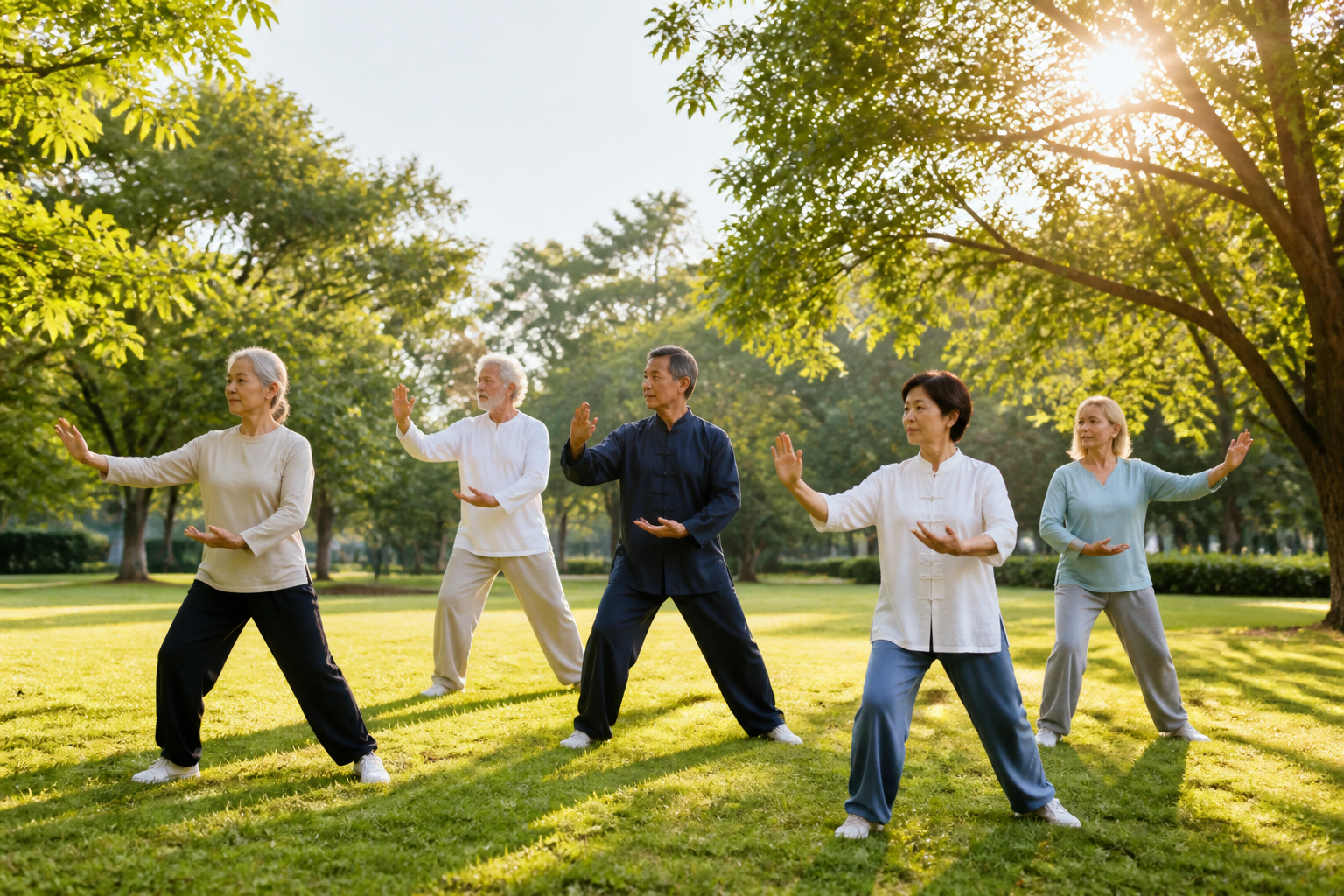Seniors practicing tai chi in a sunny park, green trees, peaceful expressions