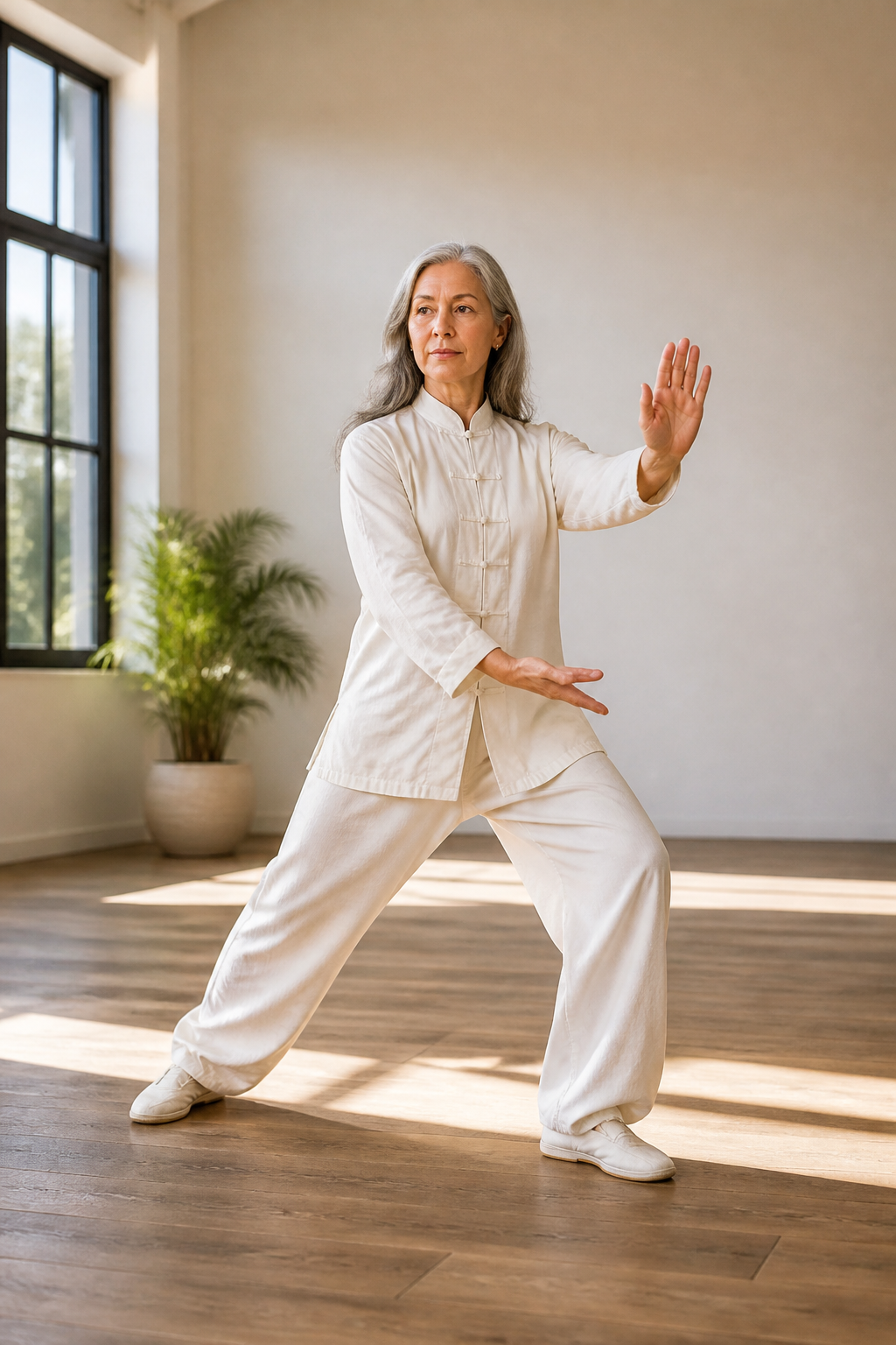 Close up of mature woman’s hands and legs in tai chi pose, sunlight, studio floor