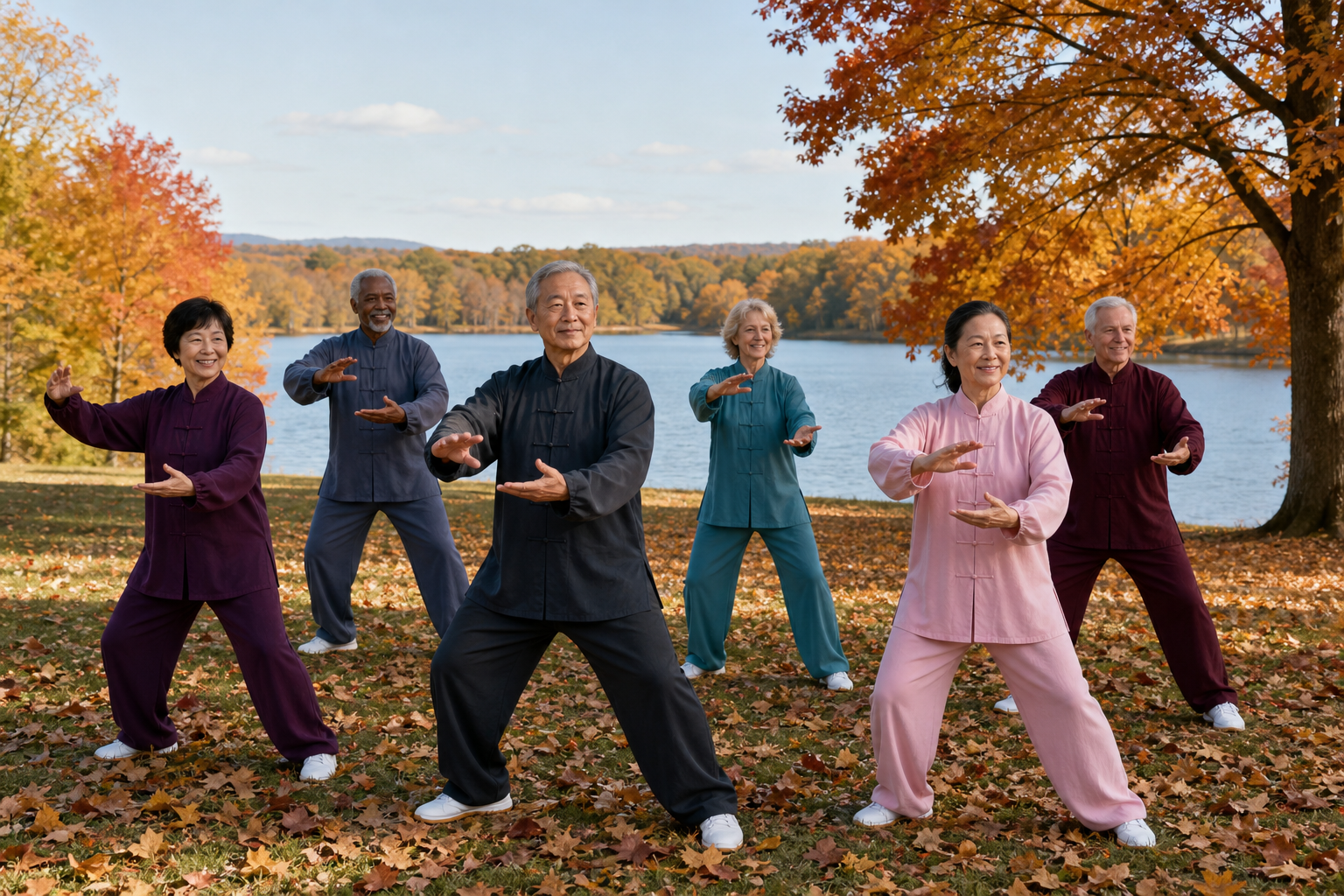 Mature group practicing tai chi outdoors by a lake with autumn leaves, smiling and engaged