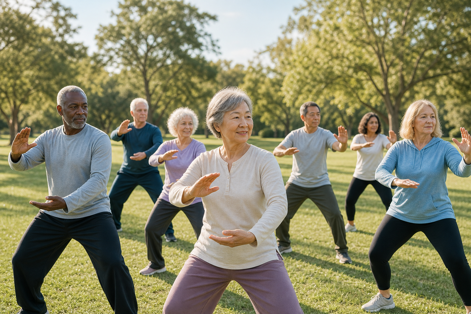 Older adults practicing tai chi in a park for arthritis and balance benefits.