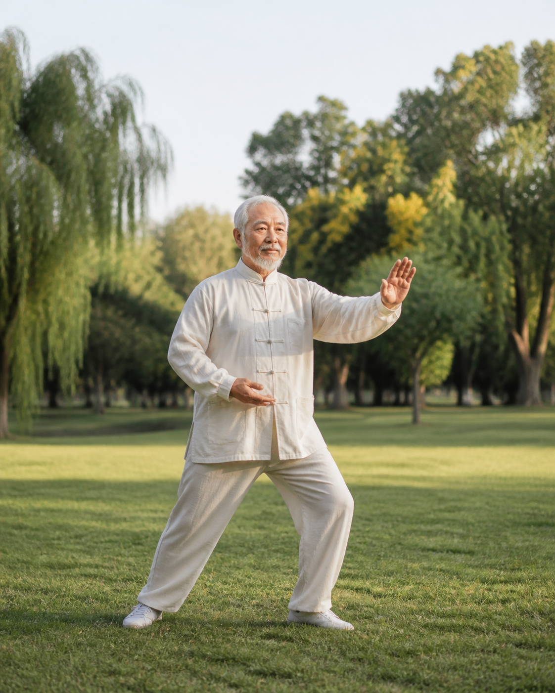 Close-up hands and knees in a tai chi pose, showing gentle movement for arthritis relief.