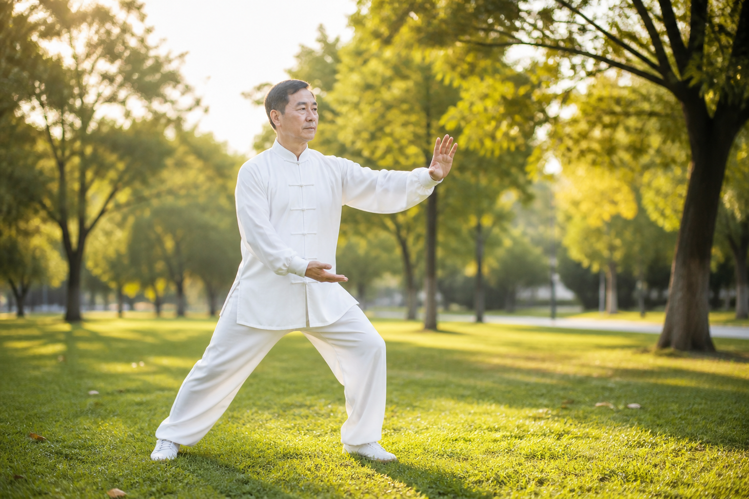 Feet in comfortable shoes practicing tai chi on grass, highlighting balance and joint support.