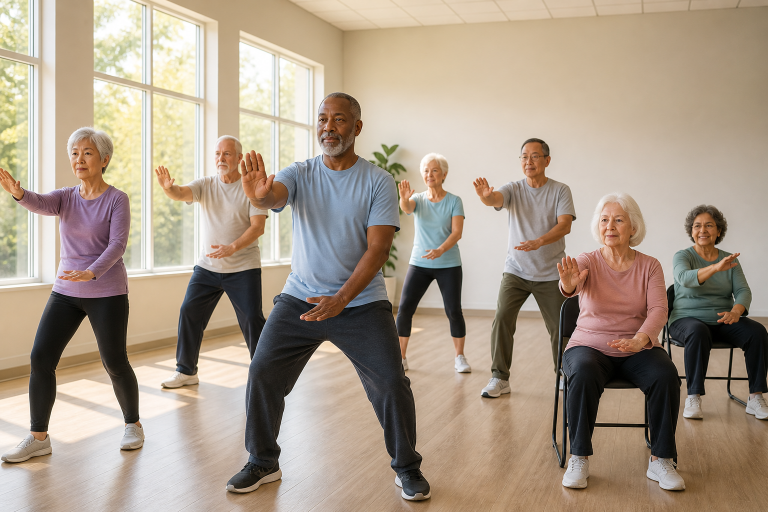 Seniors practicing tai chi together in a bright community center
