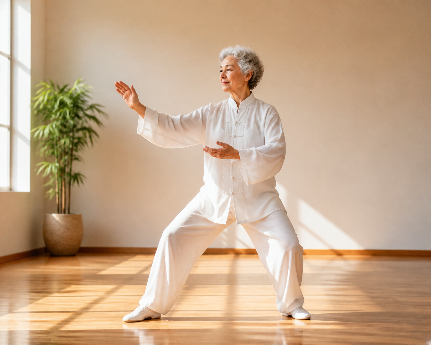 Hands and feet of older adult performing a tai chi pose on wooden floor