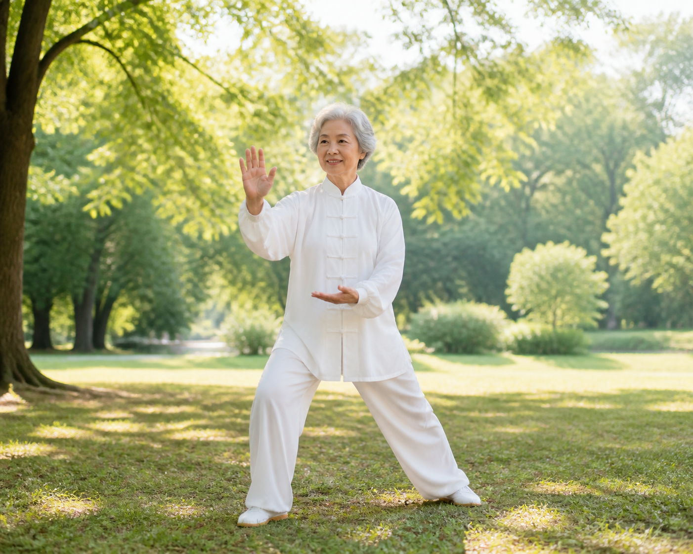 Smiling elderly woman practicing tai chi outdoors with balanced posture