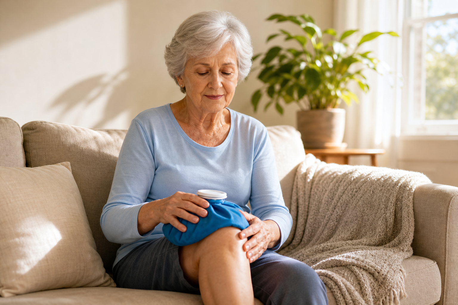 Senior woman using ice pack on swollen knee, sitting comfortably at home