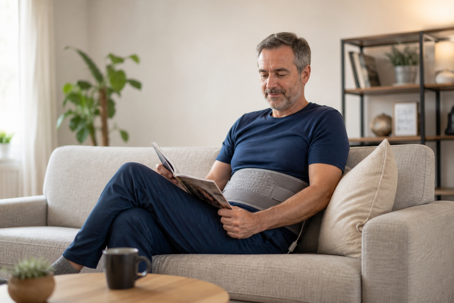 Man using heating pad for back pain in a relaxed living room setting