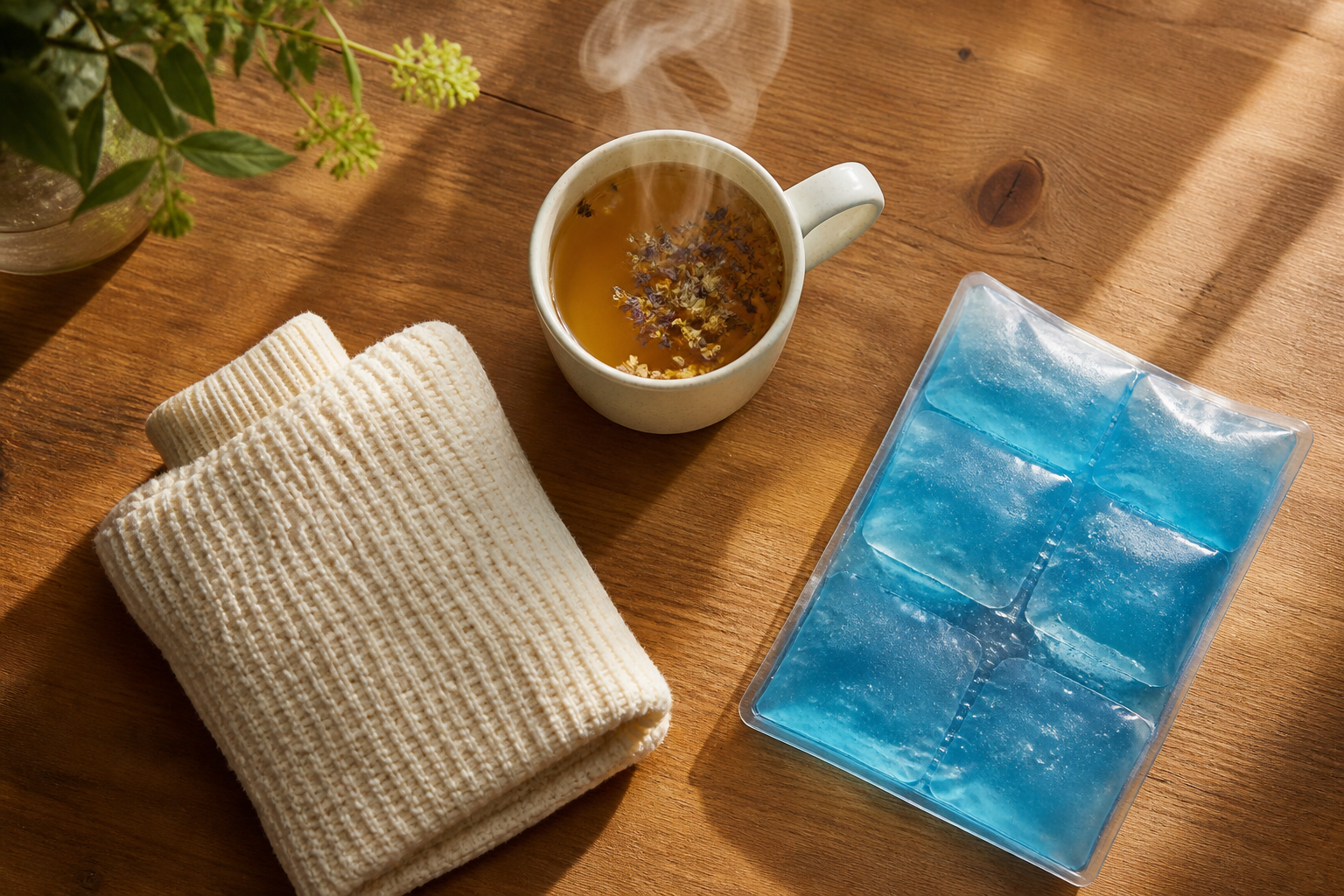 Table with heating pad, ice pack, and tea for joint pain self-care