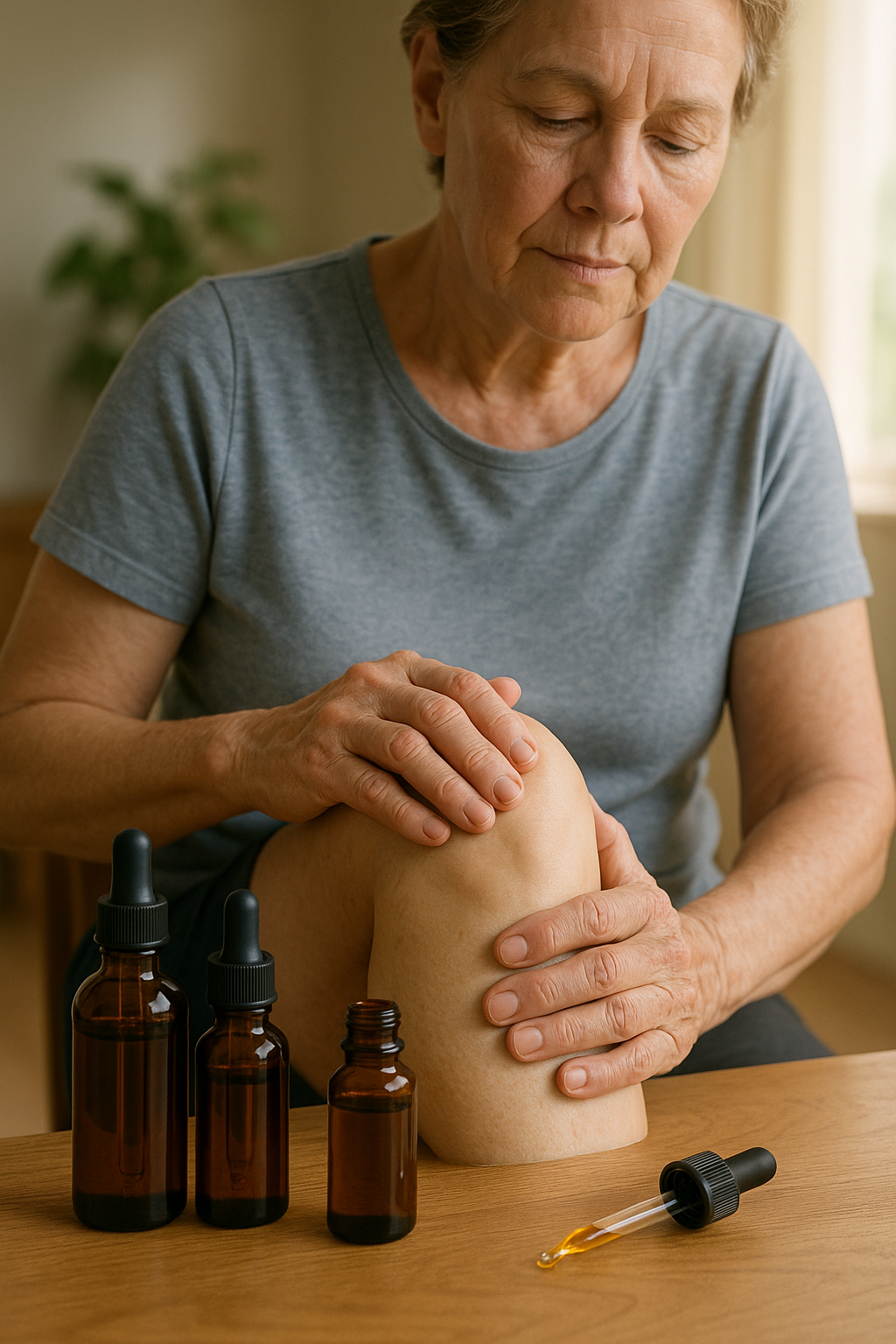CBD oil bottle and arthritic hands massaging knee for joint pain and inflammation