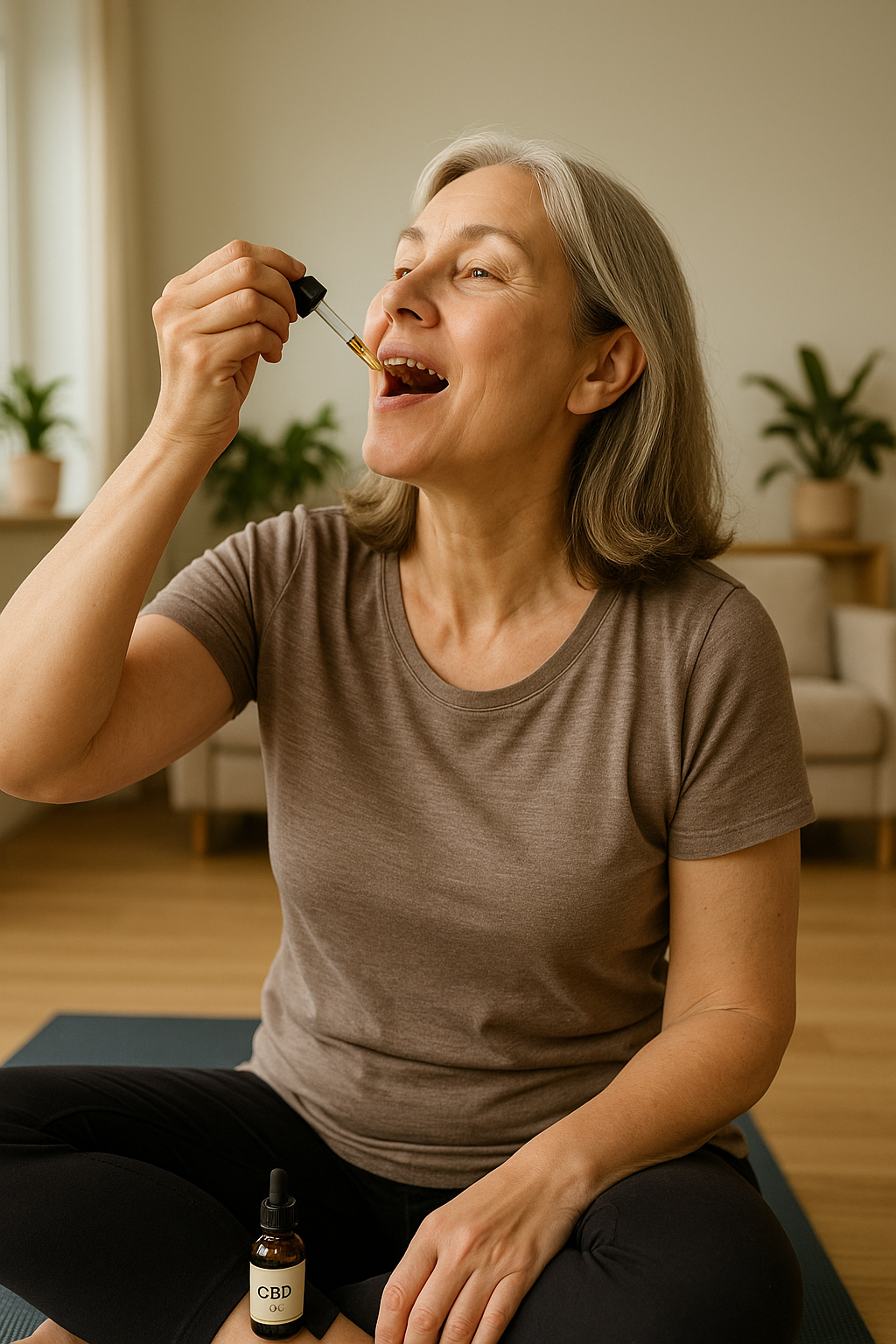 Woman on yoga mat taking CBD oil under tongue for joint pain relief