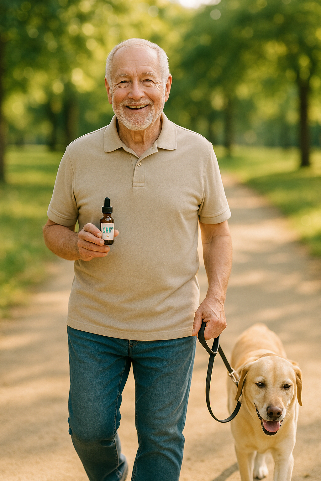 Older man walking dog with knee brace and CBD oil for joint pain