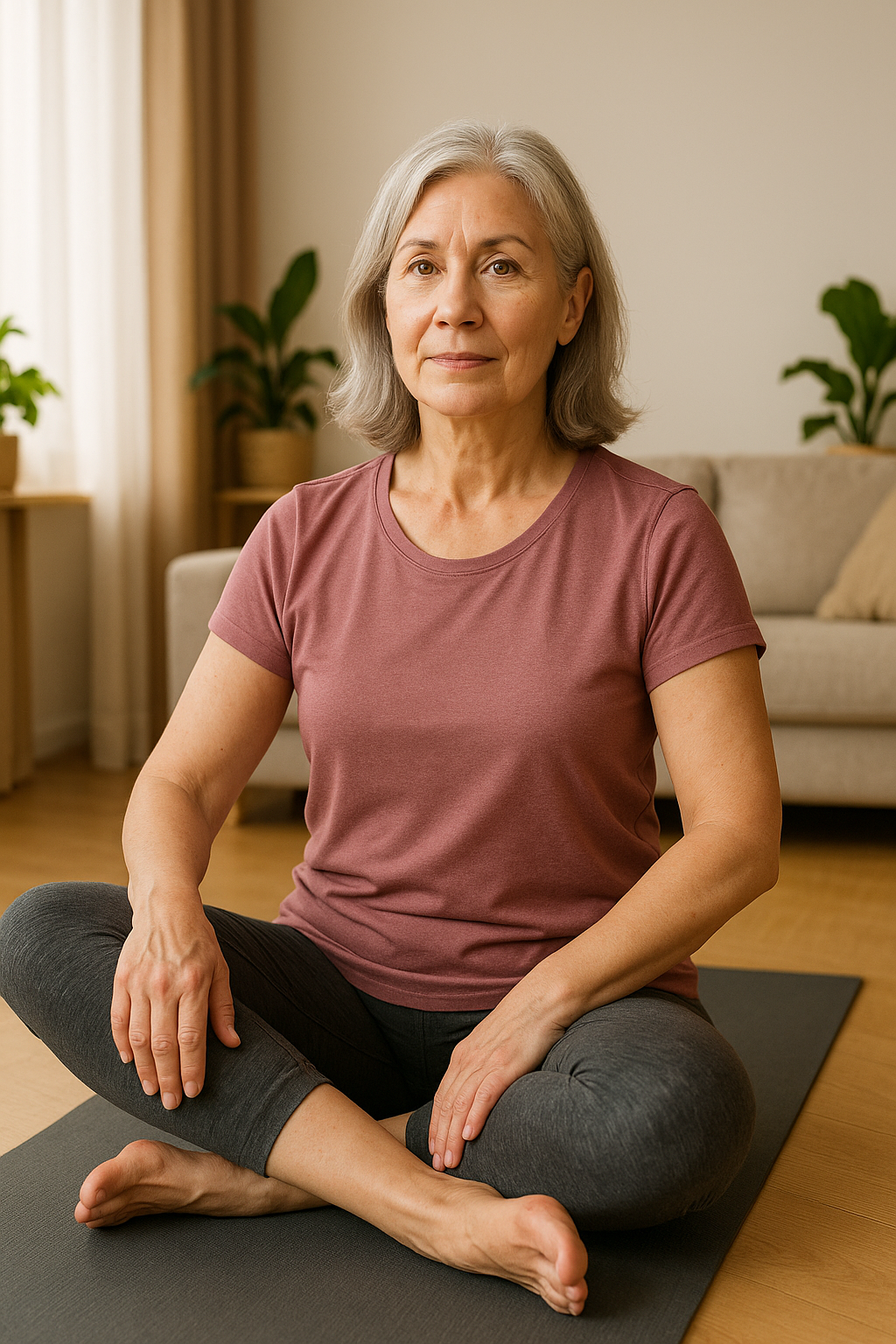 Woman performing a figure-four hip stretch on mat in bright living room