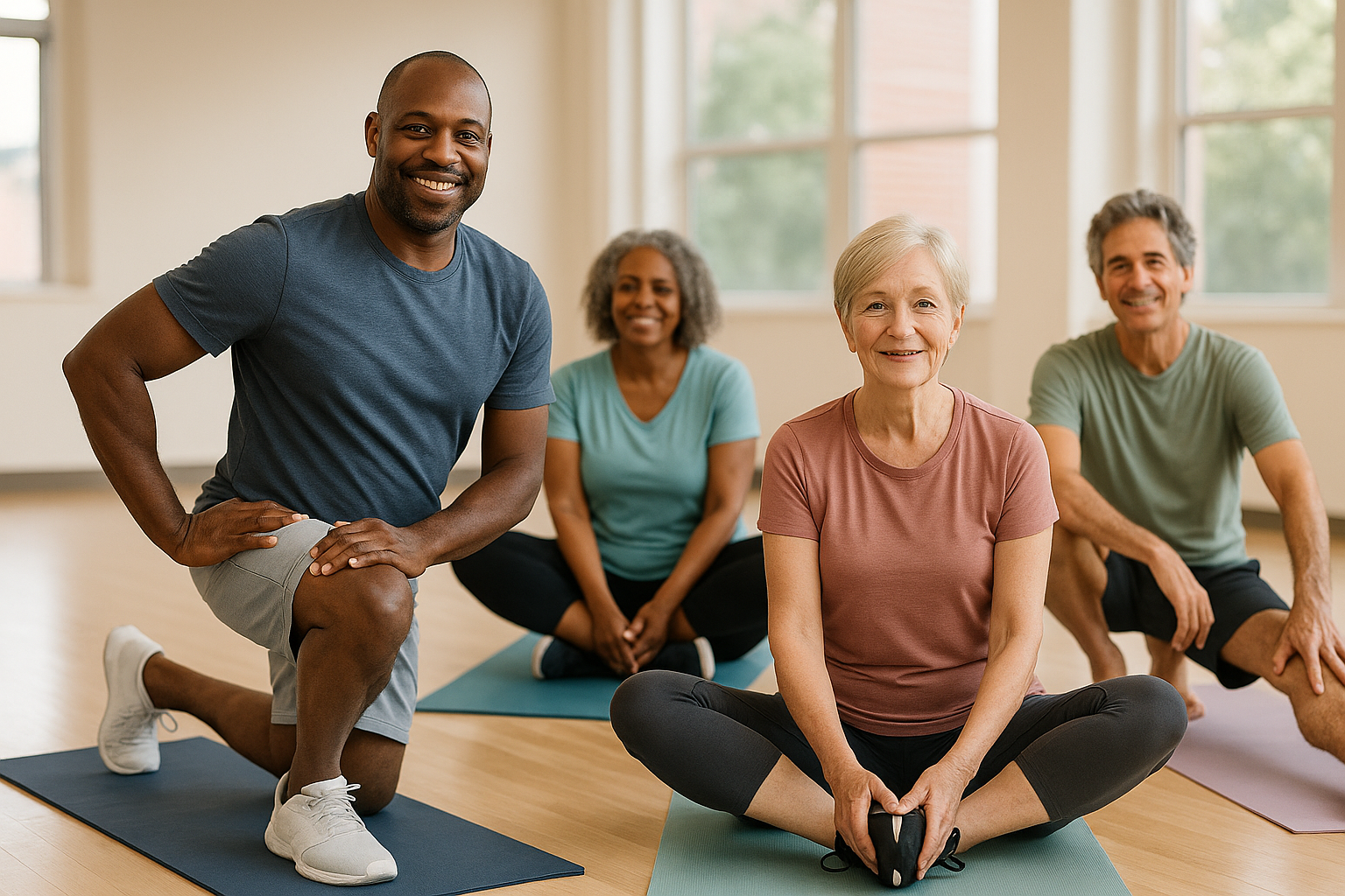Group of adults doing hip stretches together in a community center
