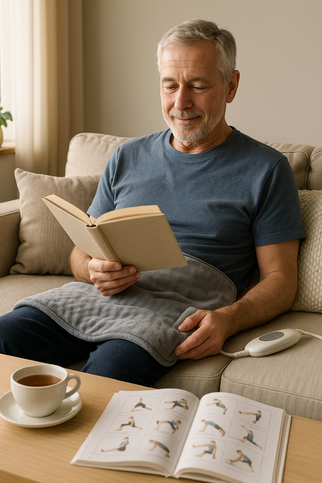 Older man using heating pad for hip pain relief while reading on the couch