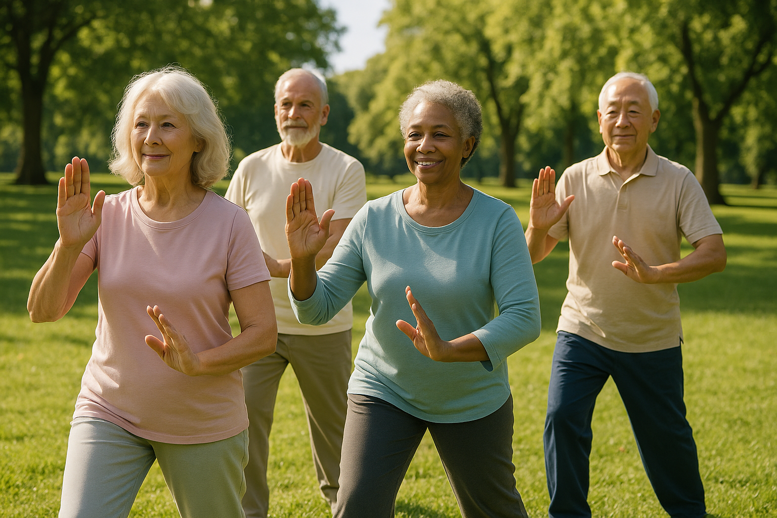 Seniors doing tai chi together outdoors in a green park