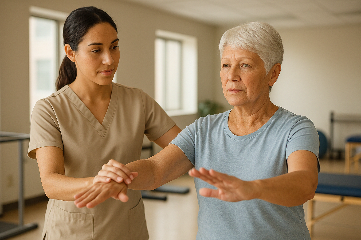 Physical therapist helping a senior woman with tai chi in a clinic