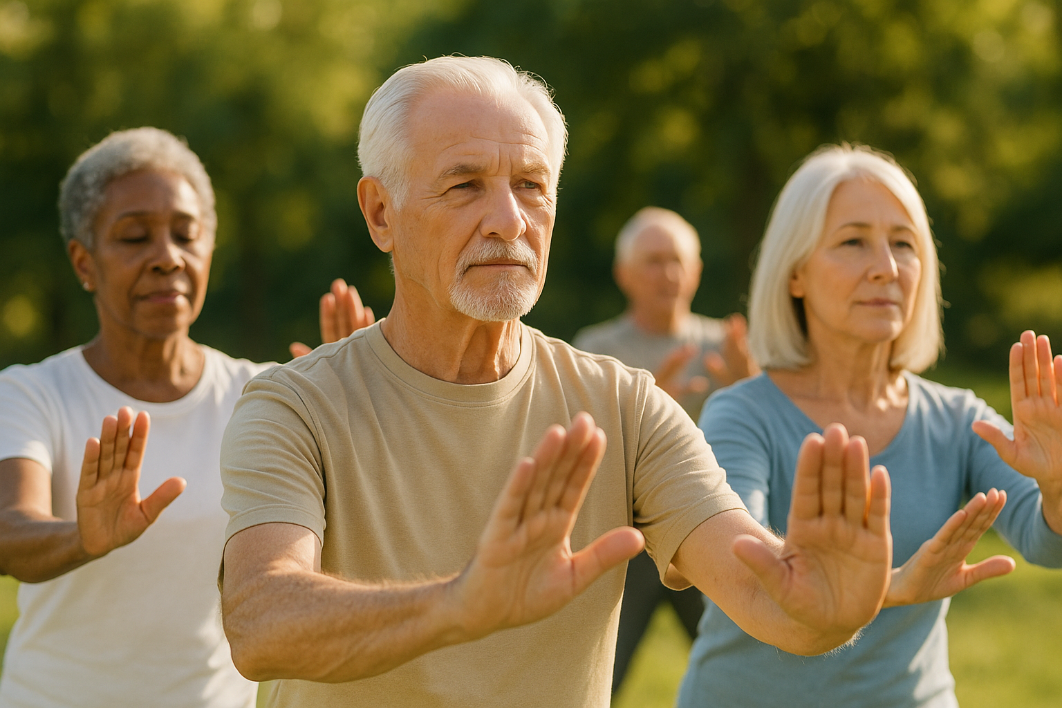 Seniors’ hands in tai chi pose with soft sunlight and calm faces