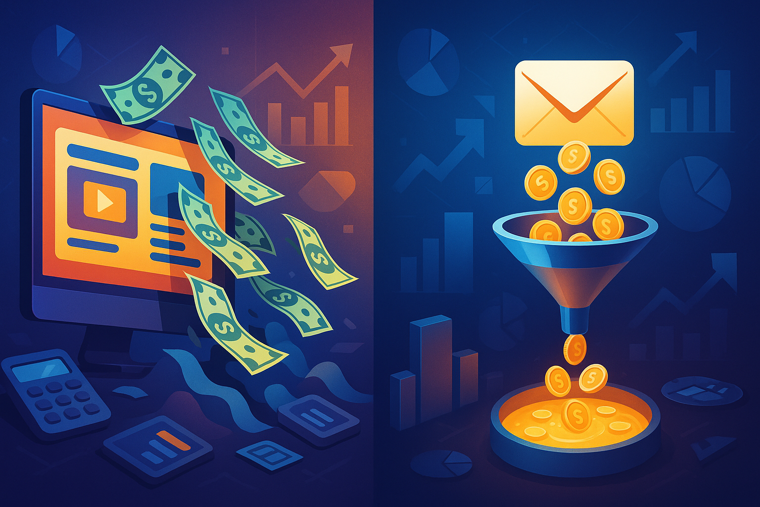 Email Marketing vs Paid Ads — A split-screen visualization showing dollar bills flowing out rapidly from a computer screen on the left representing...