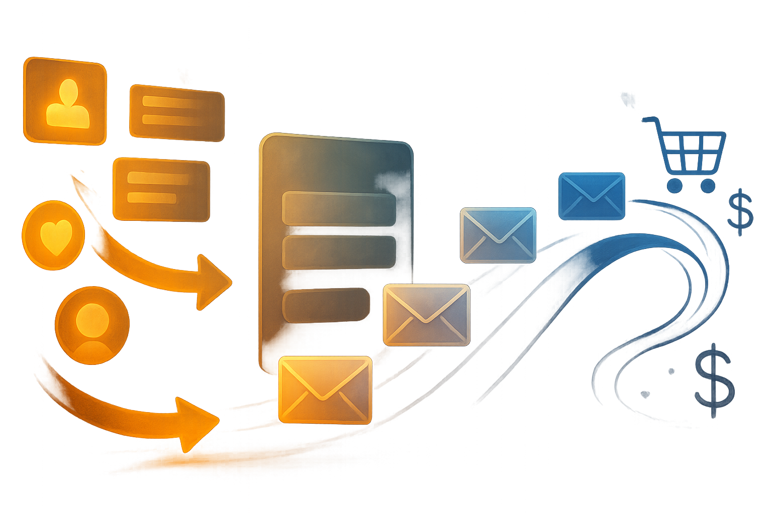 Email Marketing vs Paid Ads — A flowing diagram showing the customer journey, with social media icons and search results feeding into an email sign...