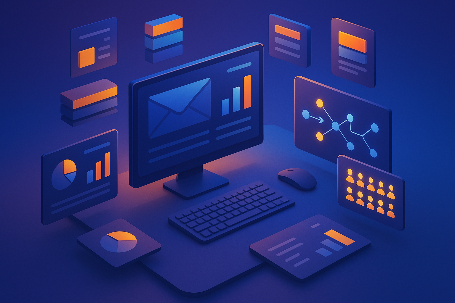 How to write a high-converting affiliate email sequence — A clean workspace showing multiple computer screens displaying different email marketing dashboards with pricing tier...