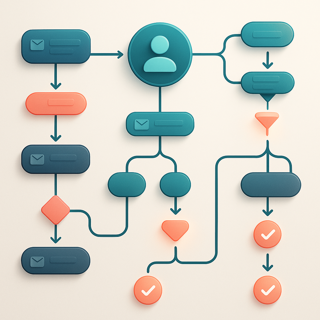 How to write a high-converting affiliate email sequence — A detailed flowchart diagram showing three different email automation sequences branching from a central subscriber i...