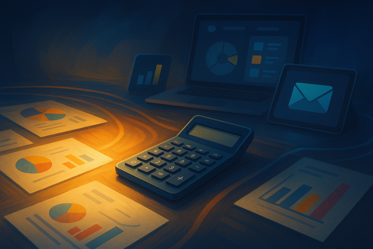 How to write a high-converting affiliate email sequence — A modern calculator surrounded by various charts, graphs, and financial documents spread across a desk, with email ma...