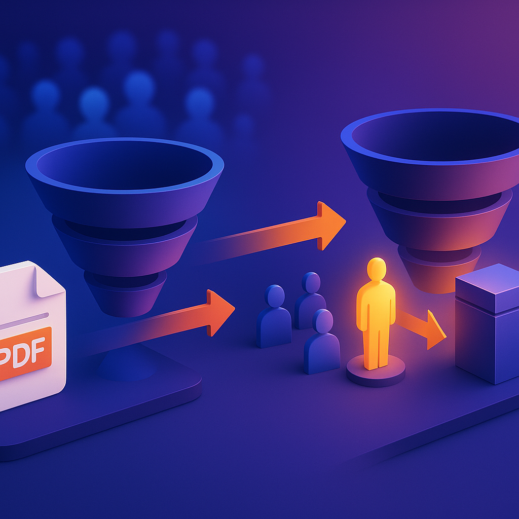 How to create a lead magnet for affiliate funnels — A wide-angle conceptual illustration showing two funnel diagrams side by side—one built forward from a generic PDF ic...