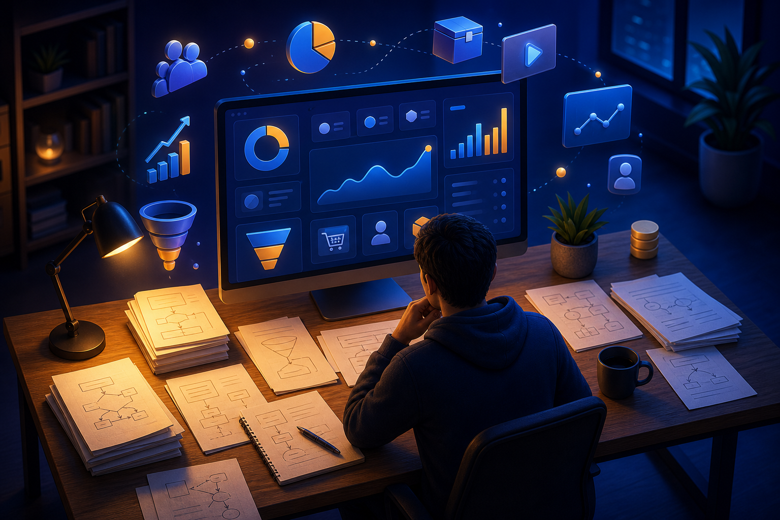 How to launch a digital product on ClickBank as a vendor — A wide-angle scene of a lone person sitting at a wooden desk in a dimly lit home office, a large monitor glowing with...