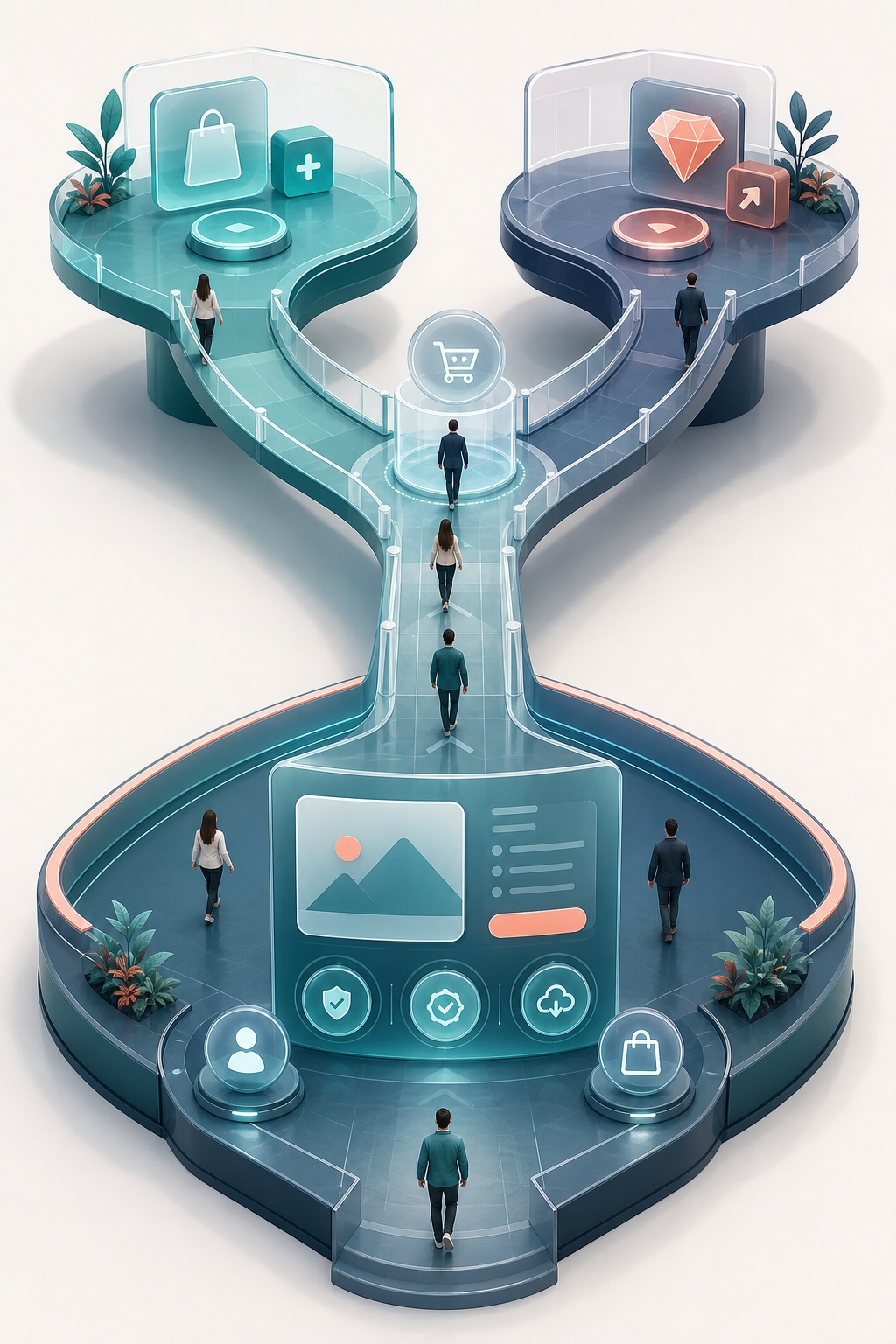 How to launch a digital product on ClickBank as a vendor — A bird's-eye view illustration of a complete digital product funnel as a physical pathway — starting with a wide entr...
