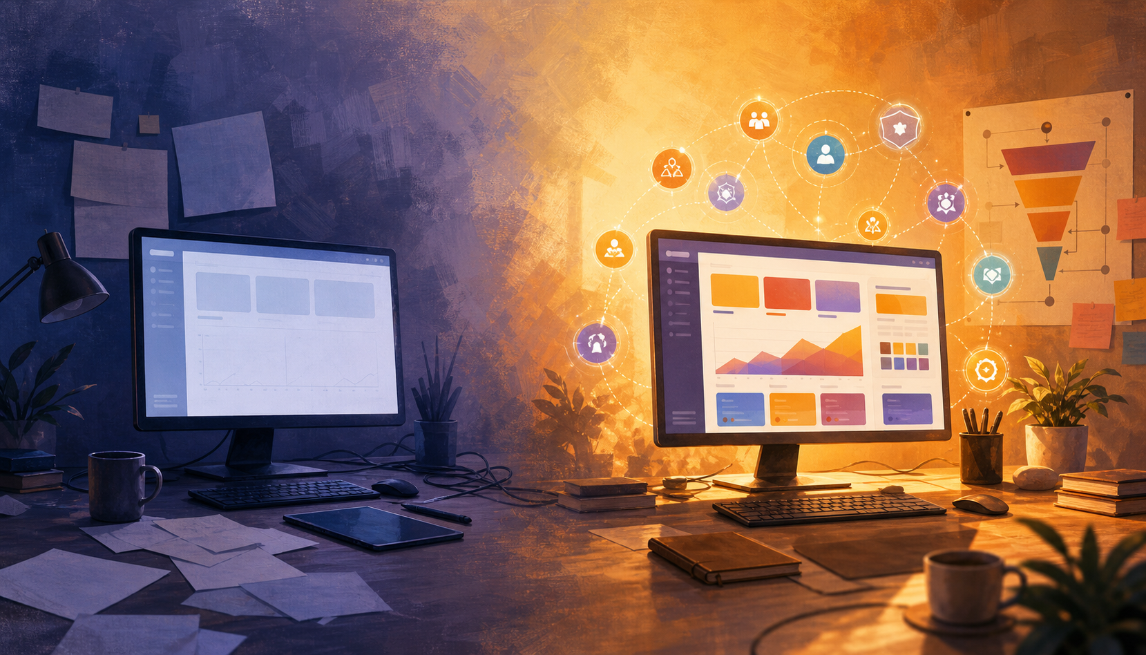 How to launch a digital product on ClickBank as a vendor — A split-scene composition showing two contrasting moments — on the left, a vendor's cluttered early-stage setup with ...