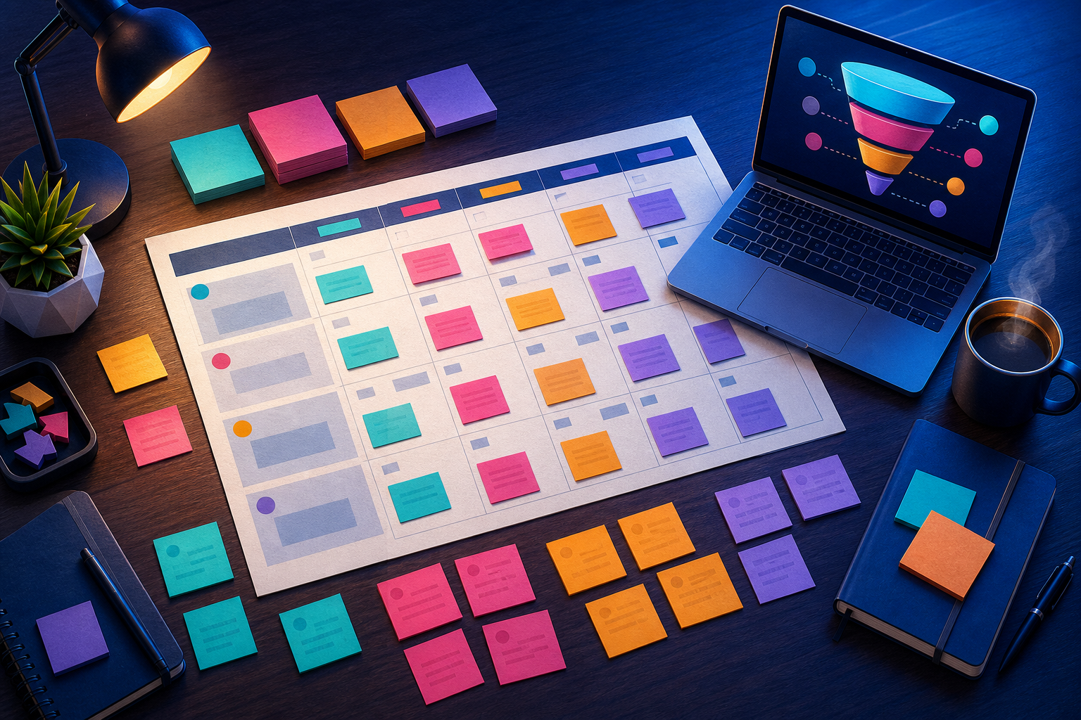 Content marketing FAQ for affiliate site owners — A wide-angle flat-lay composition showing a wooden desk with a printed content calendar spread across it, surrounded ...