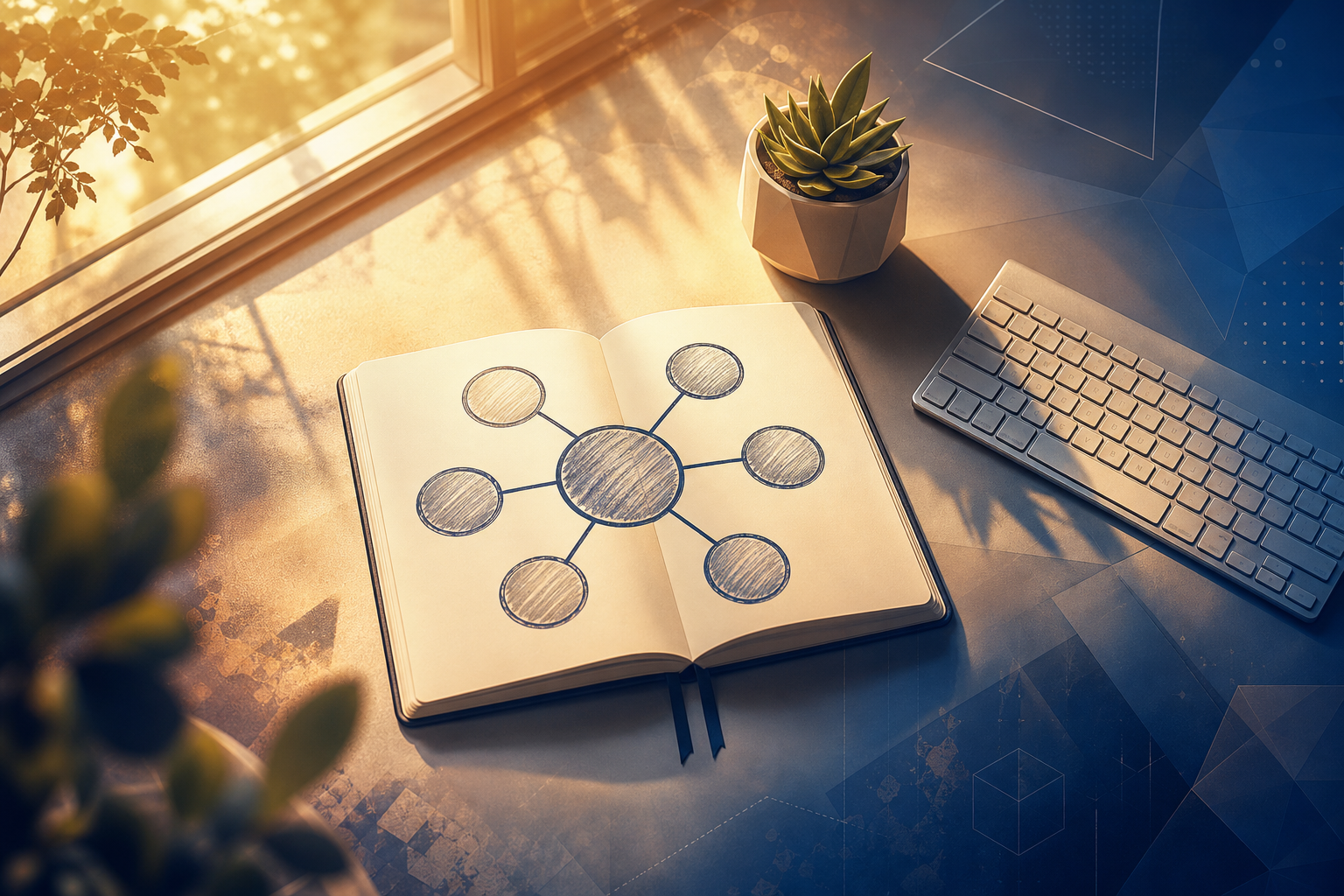 Content marketing FAQ for affiliate site owners — An aspirational overhead shot of a clean home office workspace—a minimal desk with a single open notebook showing a h...