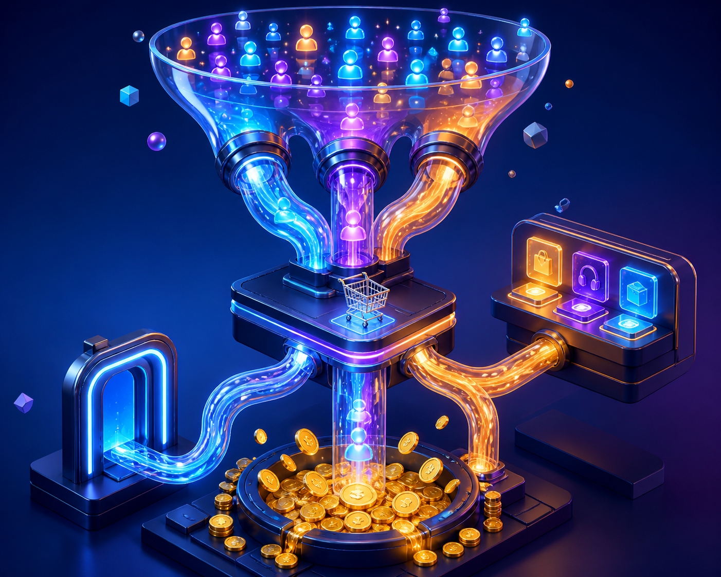 Order bumps and OTOs to increase average order value for digital products — A wide-angle overhead view of a digital sales funnel represented as a physical pipeline system—three interconnected t...
