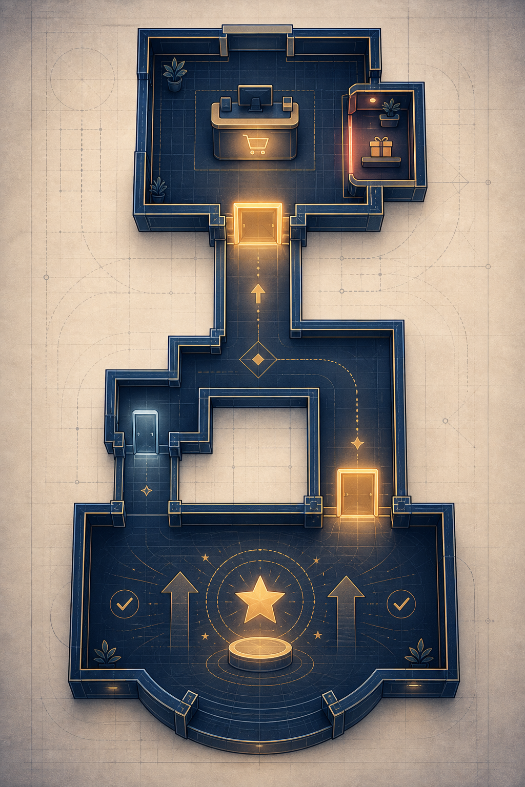 Order bumps and OTOs to increase average order value for digital products — A top-down architectural blueprint-style diagram of a funnel pipeline—drawn as a series of connected rooms: a checkou...