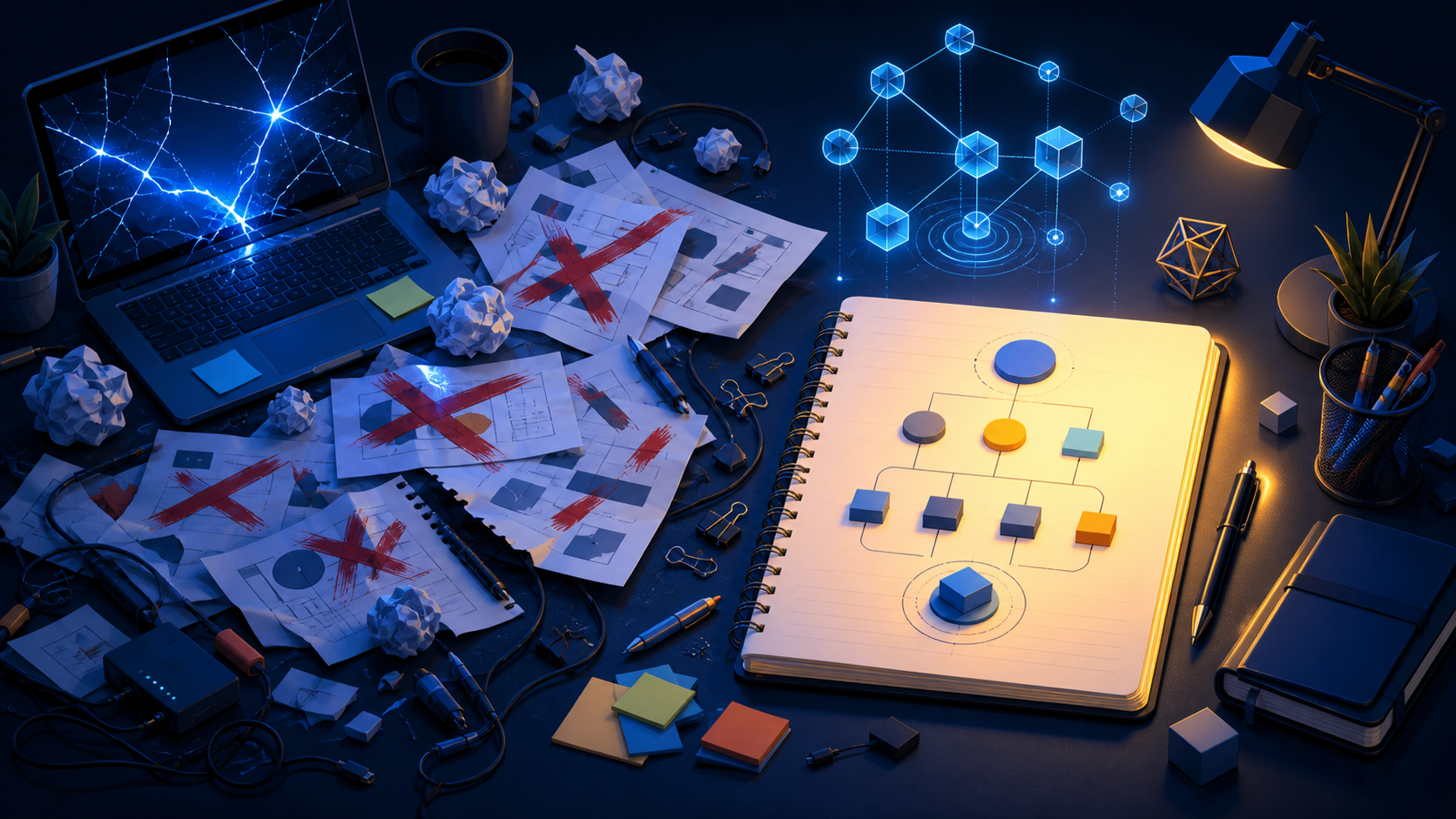 How to build a micro niche affiliate site with AI content — A wide-angle overhead shot of a cluttered desk with a broken laptop screen, scattered printed pages with red X marks ...