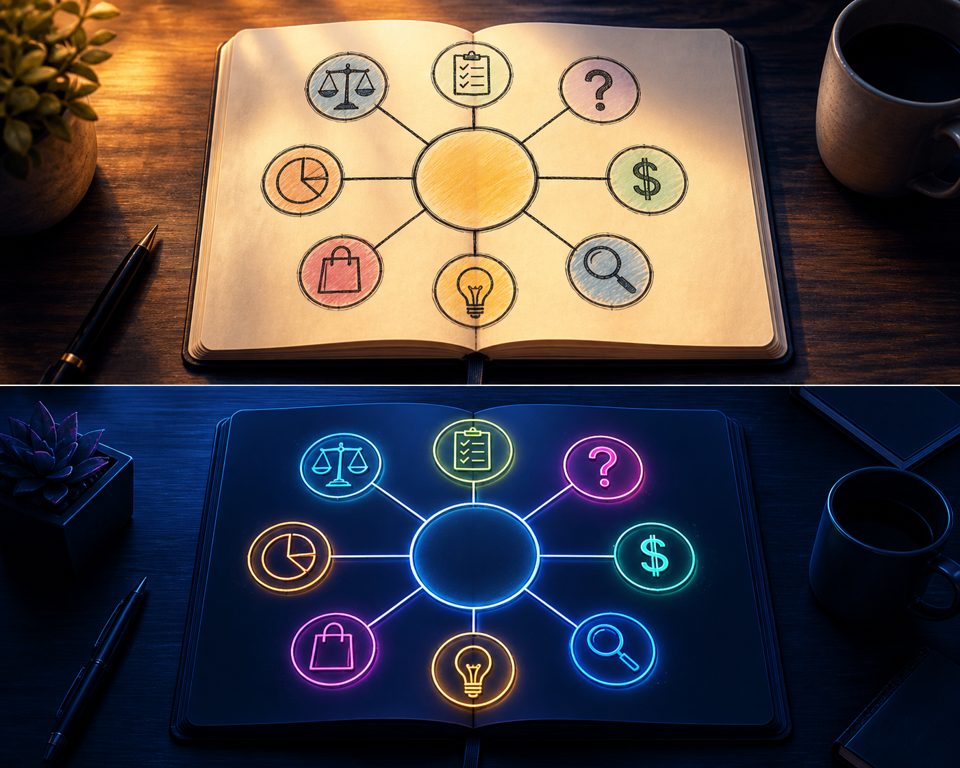 How to build a micro niche affiliate site with AI content — A close-up overhead view of a single open notebook on a clean wooden desk, showing a hand-drawn content cluster map—w...