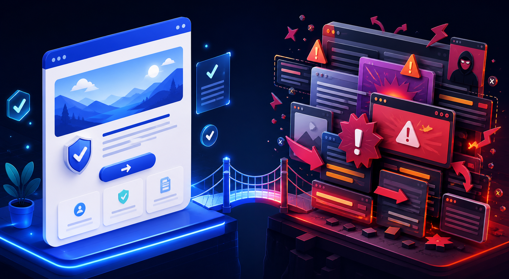 Common questions about affiliate bridge page compliance — A split-screen composition showing two distinct bridge page layouts side by side — on the left, a clean, minimal page...