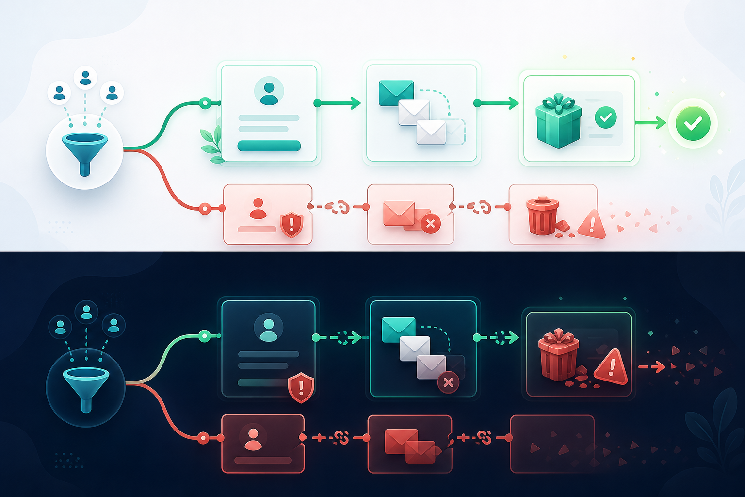Common questions about affiliate bridge page compliance — A process flow diagram depicted as a visual journey — two parallel horizontal paths running left to right across the ...