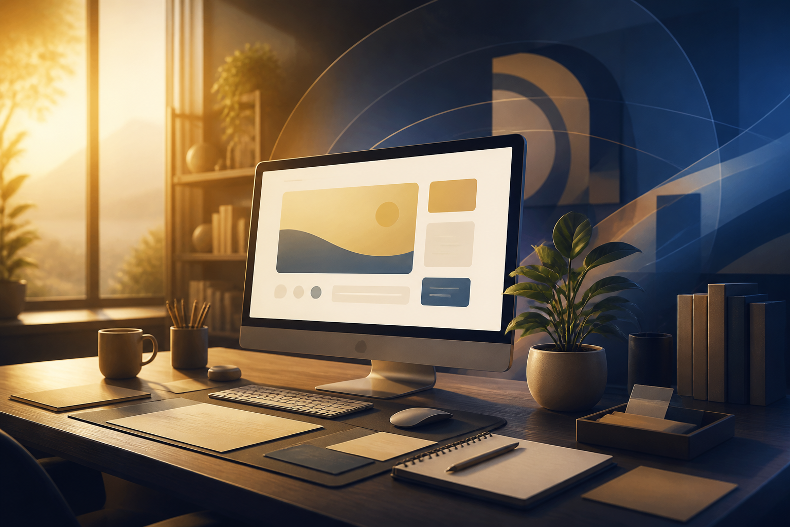 Common questions about affiliate bridge page compliance — A wide-angle, aspirational scene showing a single well-lit desk setup with a monitor displaying a clean, minimal webp...