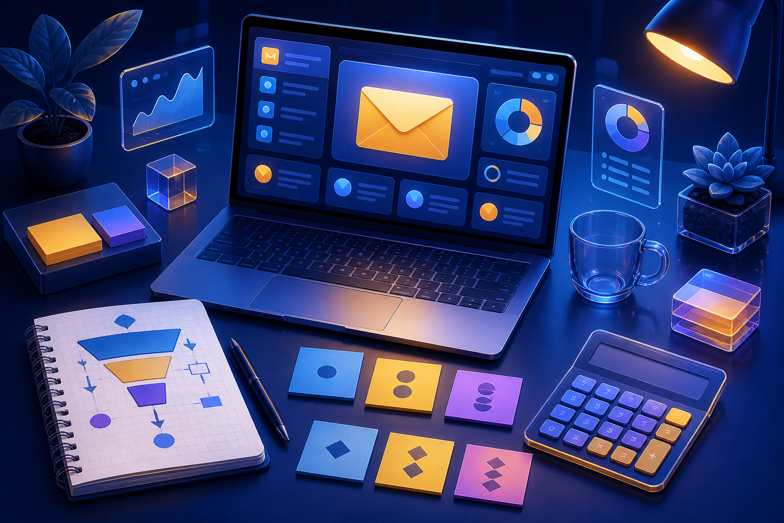 Affiliate email marketing questions answered — A wide-angle overhead scene of a marketer's desk with a laptop showing an email dashboard, a notebook with funnel ske...
