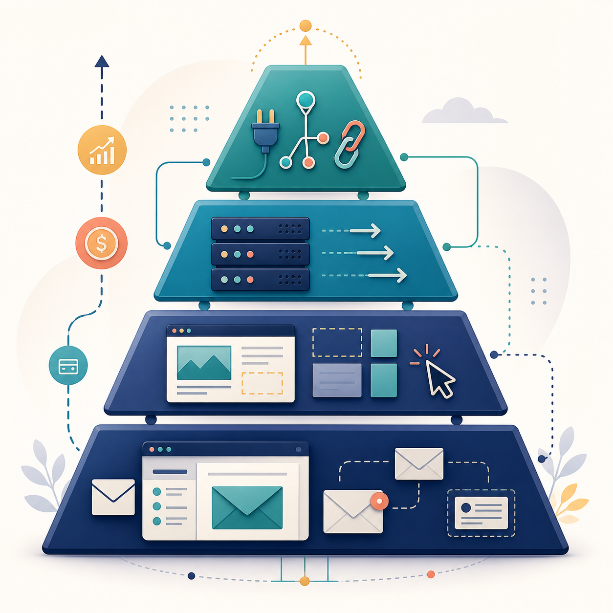 Affiliate email marketing questions answered — A visual comparison chart rendered as a layered cost pyramid—four horizontal bands stacked vertically, each band wide...