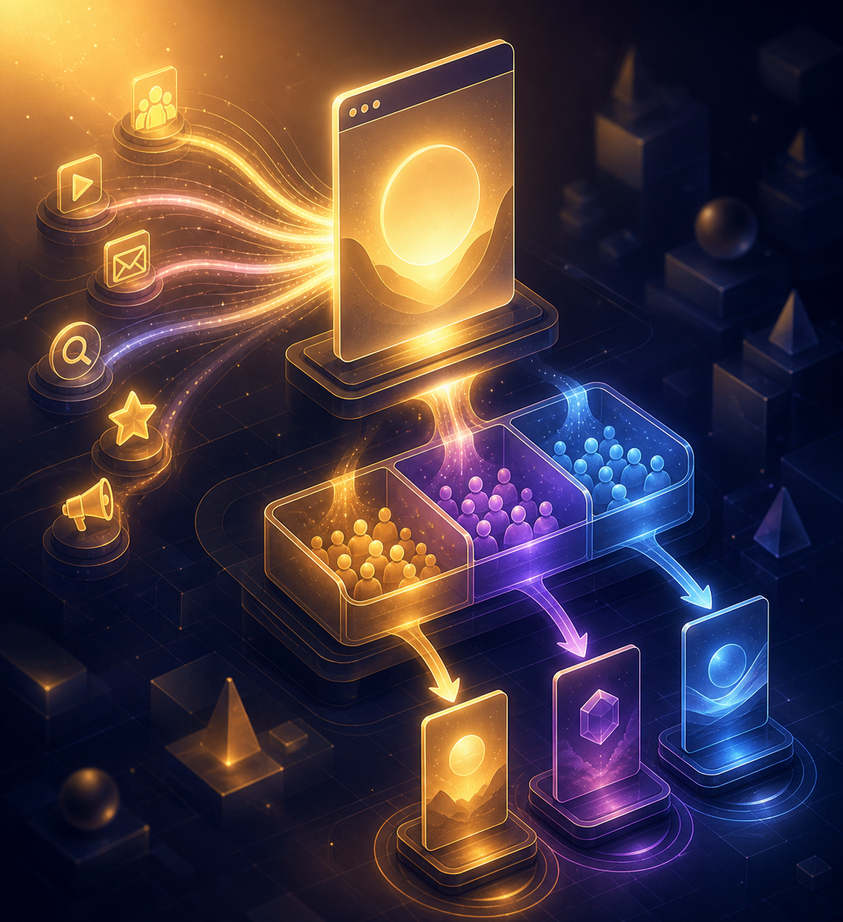 Affiliate email marketing questions answered — An isometric illustration of a complete email funnel pipeline—showing a traffic source icon flowing into a landing pa...