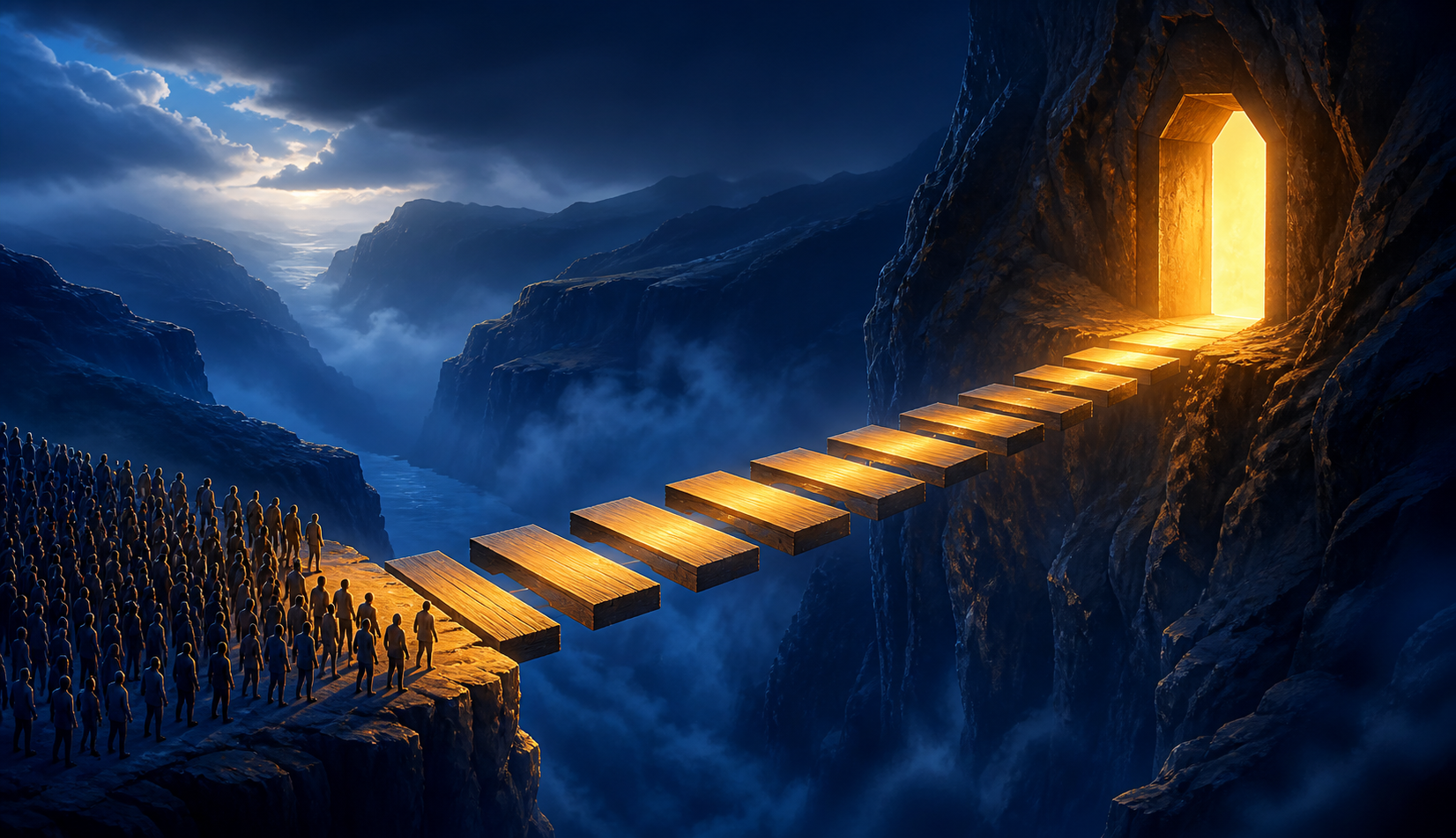 How to build an affiliate bridge page that converts — A wide-angle bird's-eye view of a physical bridge spanning a gap between two rocky cliffs—one side showing a crowd of...
