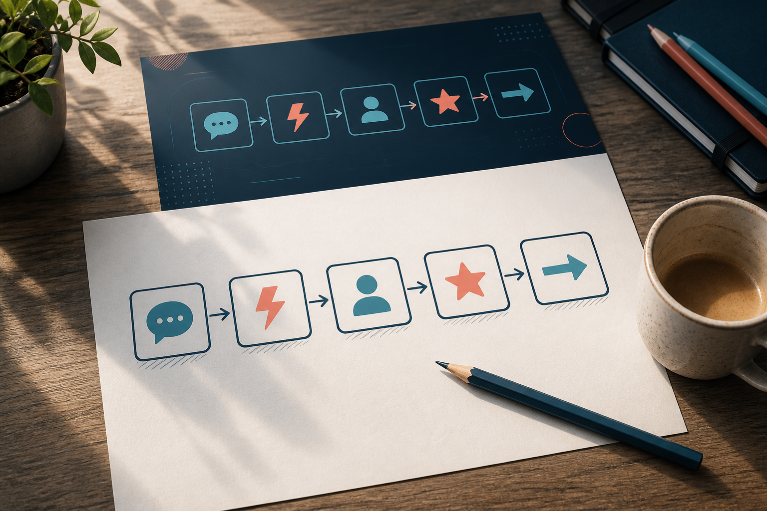 How to build an affiliate bridge page that converts — A close-up, slightly overhead shot of a physical wooden workbench with a hand-drawn flowchart sketched on paper—showi...