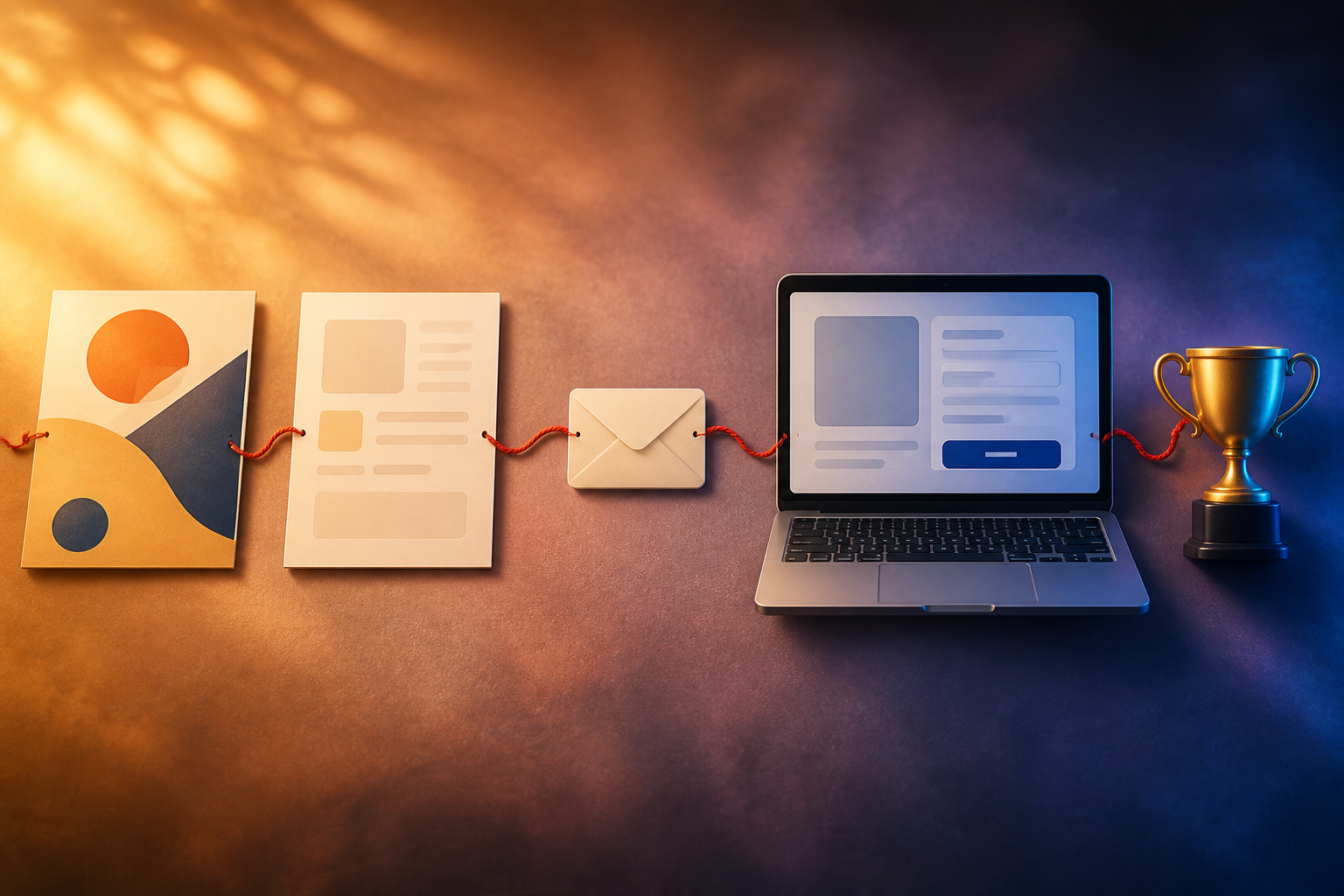 How to build an affiliate bridge page that converts — A top-down flat lay of a clean desk with five distinct physical items arranged in a sequence from left to right: a pr...